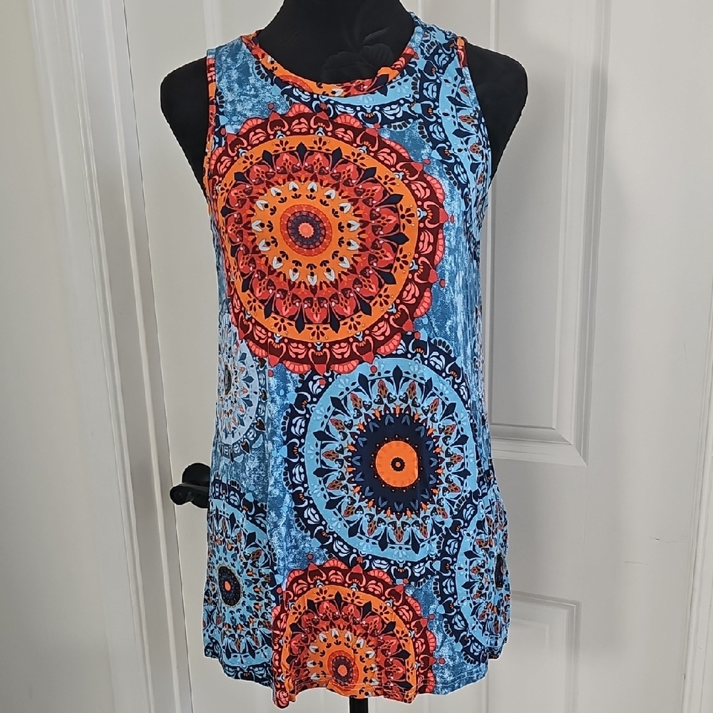 BOHO Sleeveless Mandala Print Top - Blue and Orange, Size Medium